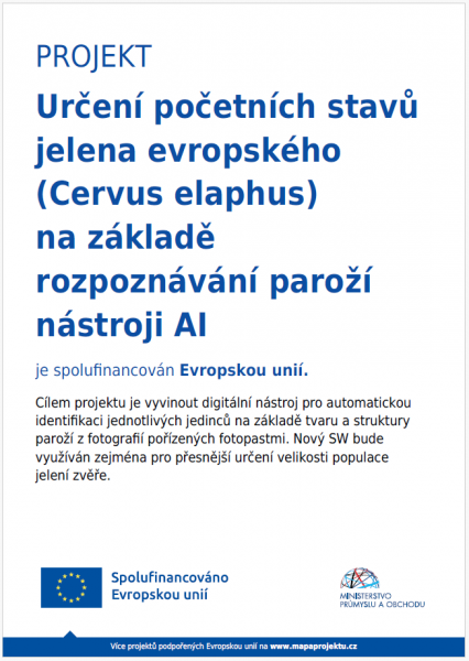 Plakát projektu rozpoznávání jelenů s označením spolufinancování Evropskou unií a logem Ministerstva průmyslu a obchodu